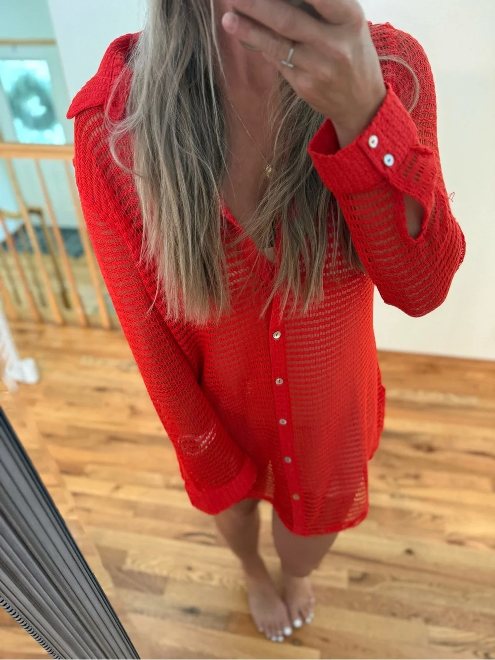 Haute Hippie Bright Red Open-Knit Button-Front Swim Coverup - Picture 2 of 5